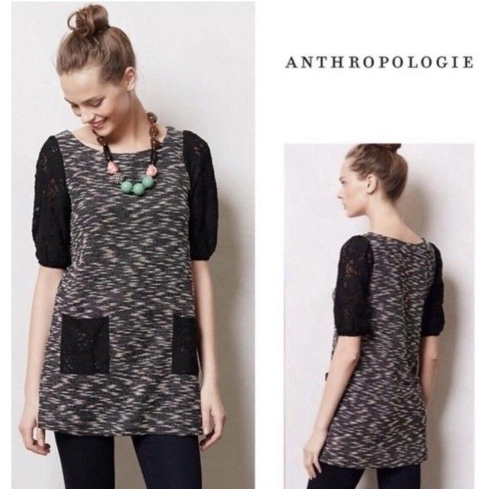 Anthropologie Postage Stamp Minidress / Tunic Sz XS Black Lace Sleeves Pockets
